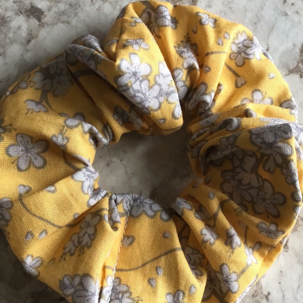 Yellow flowers birds cotton scrunchie spring hair